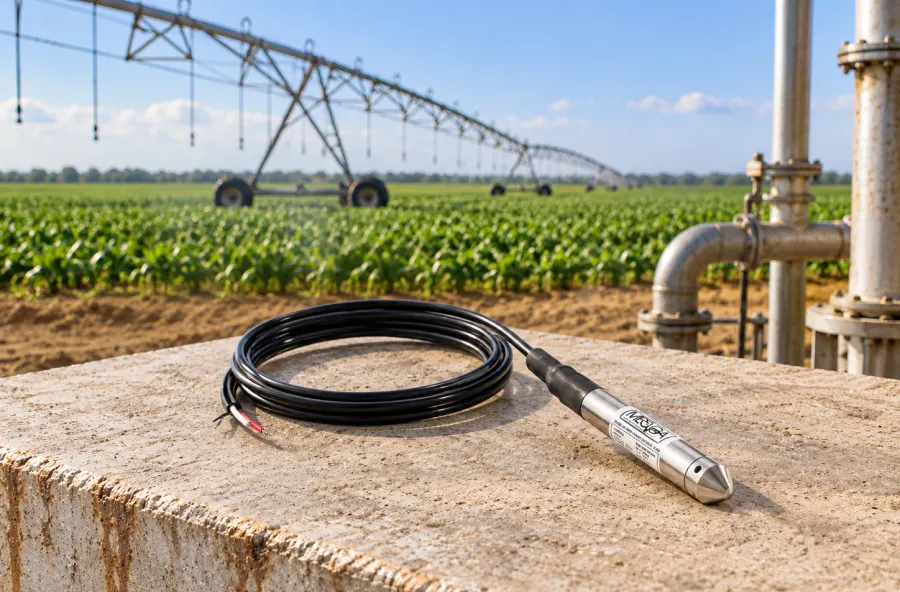 Sonda de nível hidrostática Megga com cabo enrolado sobre a borda de concreto de um poço, com a tubulação do poço, a plantação de milho e um pivô de irrigação ao fundo