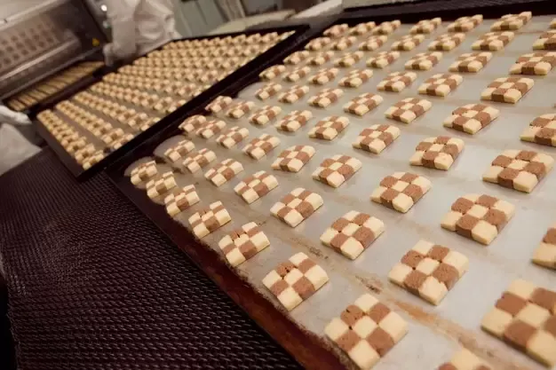 Biscoitos xadrez em bandejas numa linha de produção de alimentos