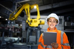 mulher engenheira industrial fazendo anotacoes sorrindo