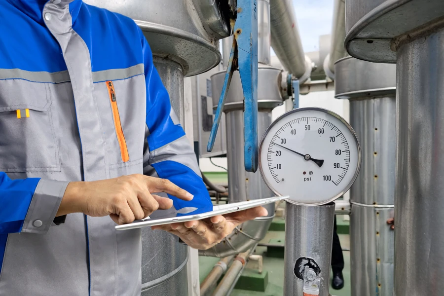 operador analisando medicao de nivel da industria